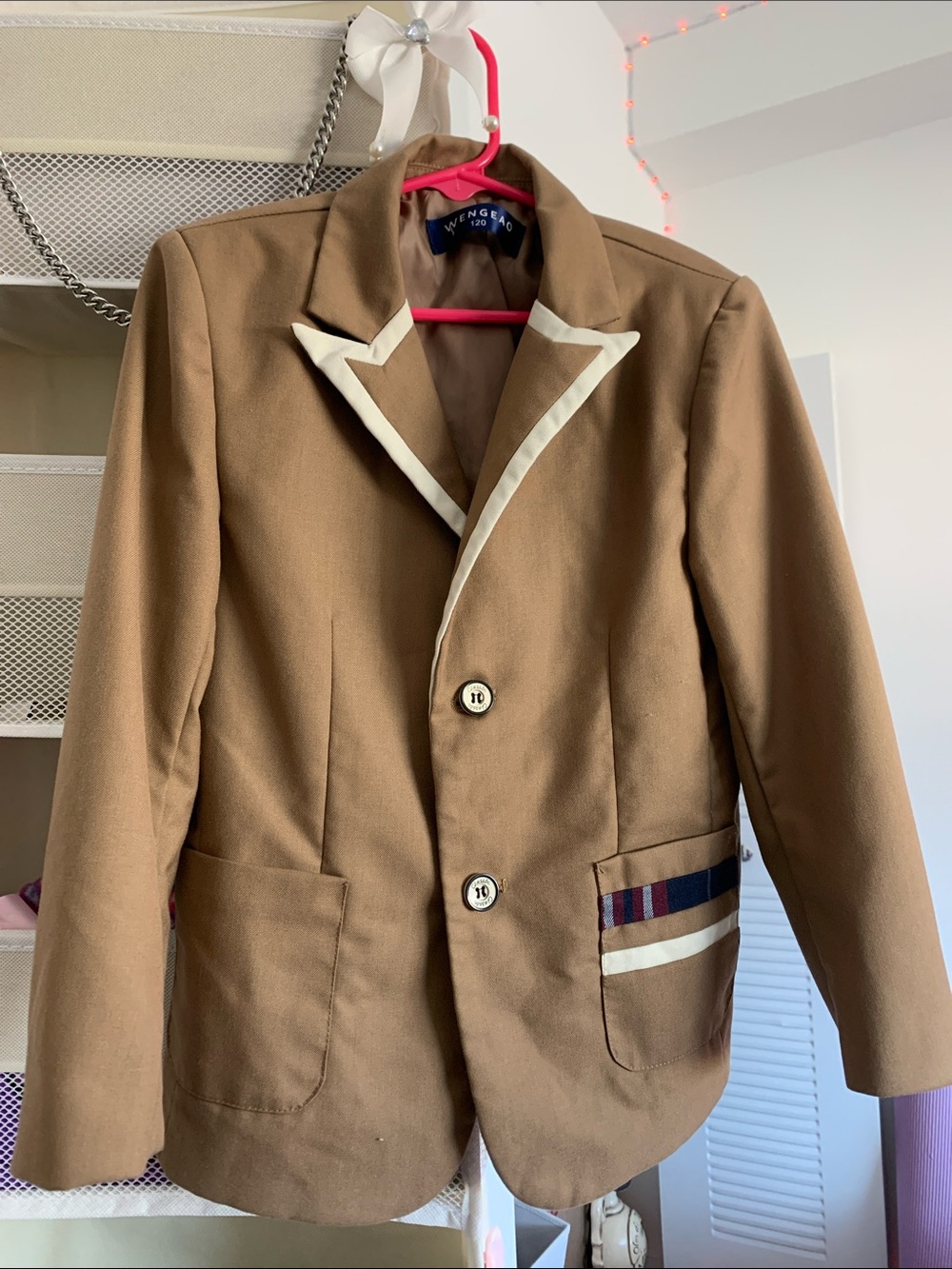 Brown kid’s Blazer with Cream Trim and Stripe Detail